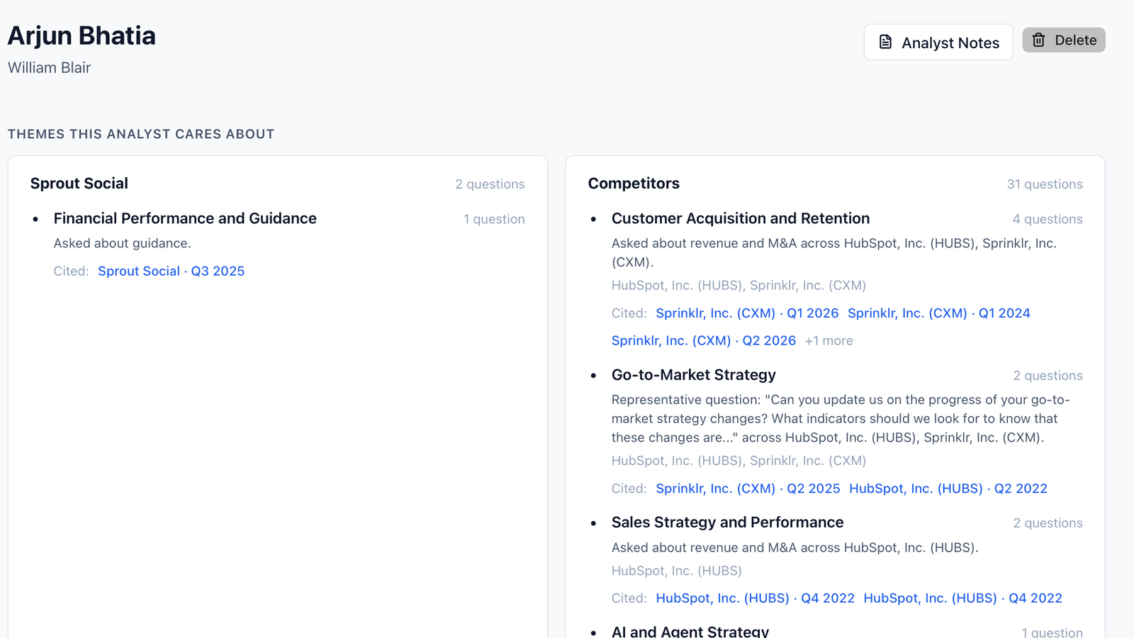 Analyst workspace showing themes, notes, and cited question history