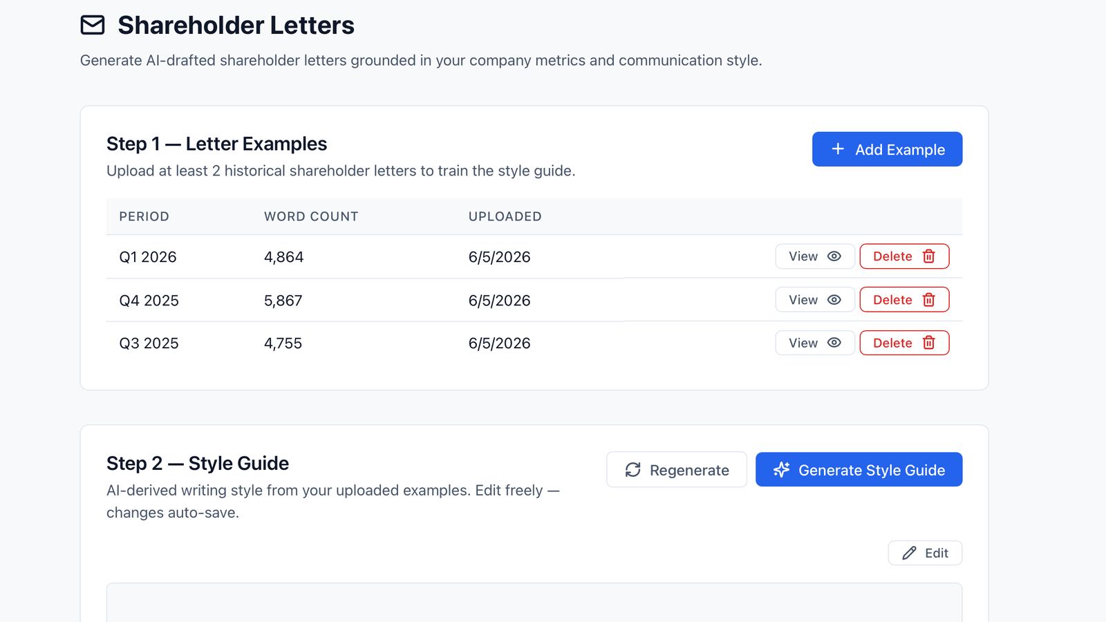 Shareholder letters workspace showing historical examples and style guide preparation