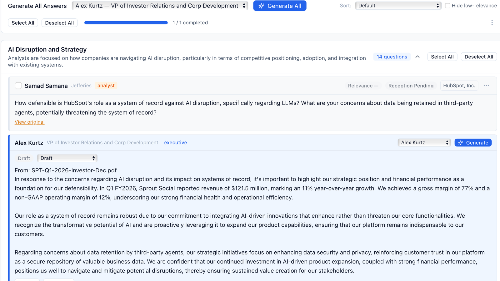 Question workspace showing an analyst question, selected executive voice, and generated draft answer