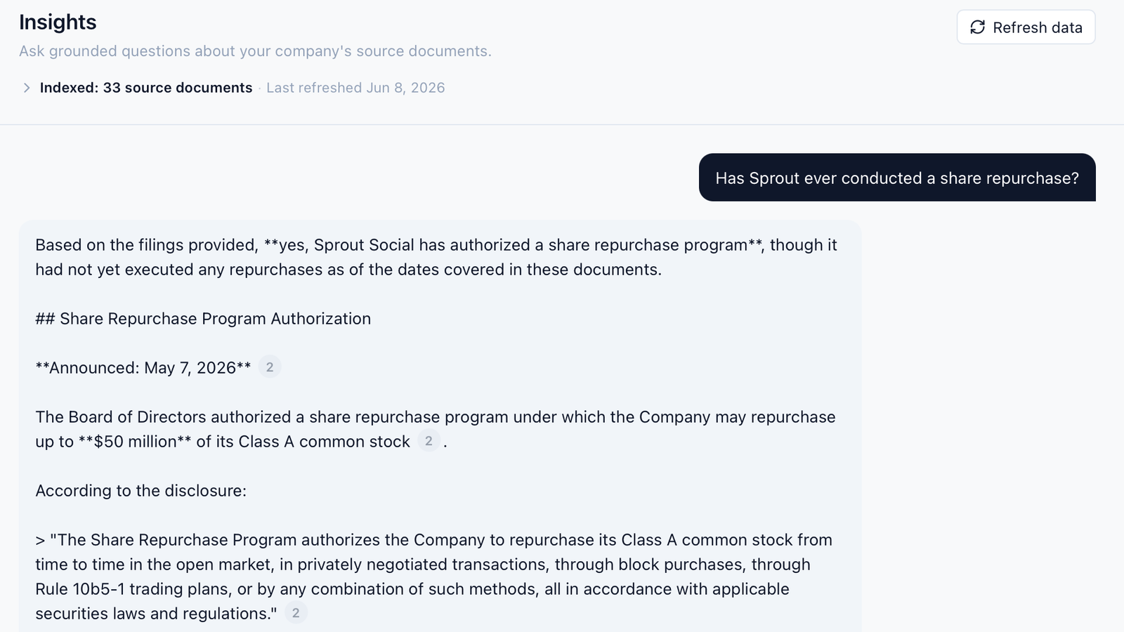 Insights workspace showing an indexed source-document answer with citation markers